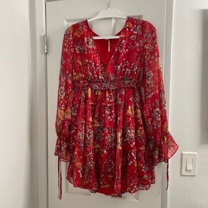 Free People Floral Red Chiffon Dress